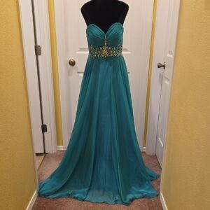Cinderella Strapless Turquoise Teal Gown with Silver Beads